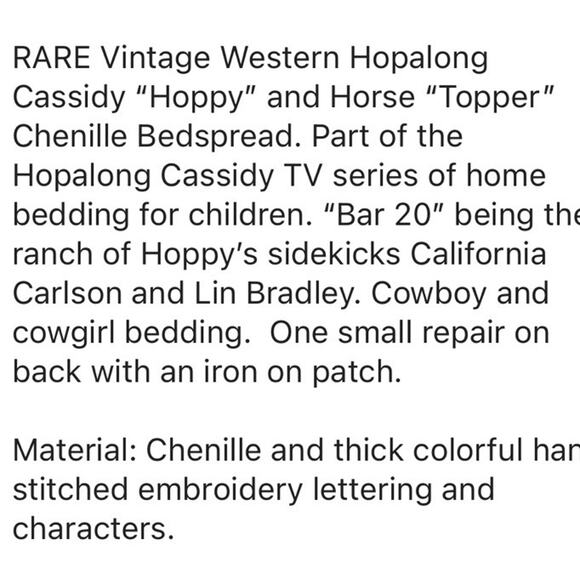 Vintage Hopalong Cassidy Chenille Bedspread “Hoppy” and Horse “Topper” - Picture 4 of 14